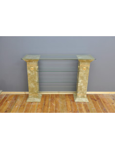 Stylowa złota konsola z kolumnami szklane półki marmur styl grecki regał 2