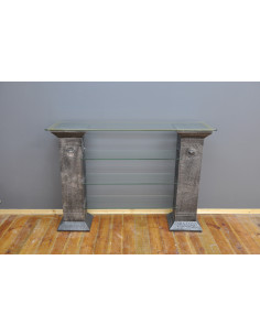 Stylowa konsola czarna z kolumnami szklane półki styl grecki regał