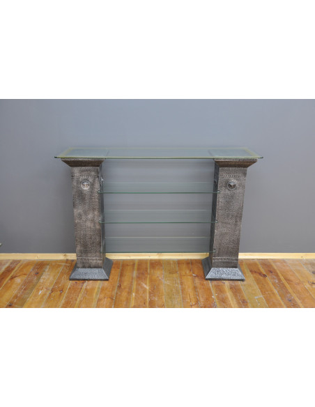 Stylowa konsola czarna z kolumnami szklane półki styl grecki regał