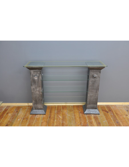 Stylowa konsola czarna z kolumnami szklane półki styl grecki regał