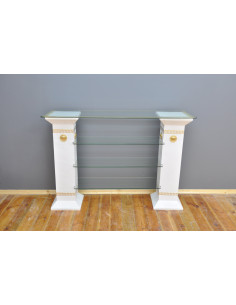 Stylowa konsola biała z kolumnami szklane półki styl grecki regał