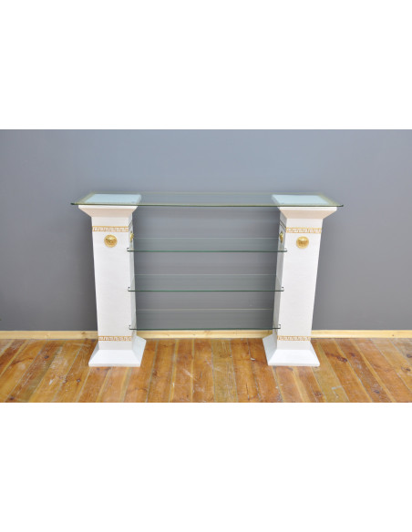 Stylowa konsola biała z kolumnami szklane półki styl grecki regał