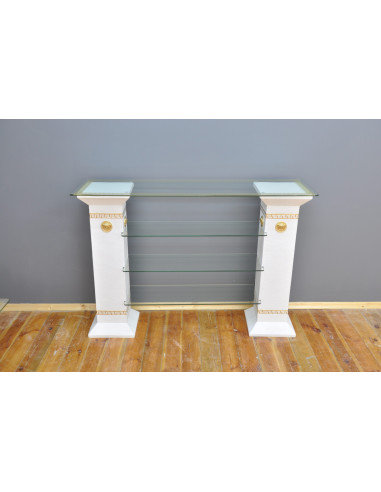 Stylowa konsola biała z kolumnami szklane półki styl grecki regał