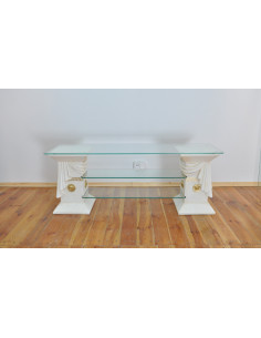 Stół w stylu greckim białe kolumny z ozdobnymi draperiami szklany blat mod 4