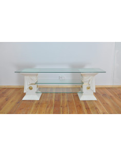 Stół w stylu greckim białe kolumny z ozdobnymi draperiami szklany blat mod 5