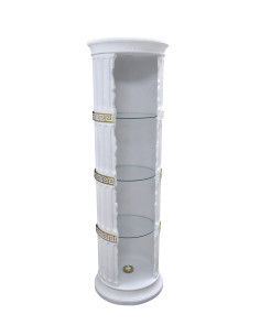 Stylowy regał witryna w stylu greckim z półkami i oświetleniem elegancki biały z złotymi zdobieniami mod 2