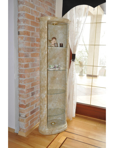 Regał narożny w stylu klasycznym złocony z oświetleniem i szklanymi półkami szklane półki