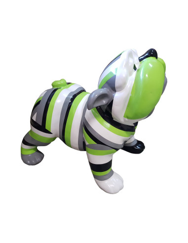 Figura Bulldog Pop-Art Op-Art Lime Stripe zielono-szaro-biała wysoki połysk żywica