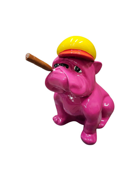 Figura Buldog Pop-Art Monokolor styl Koons w czapce z cygarem różowy wysoki połysk żywica