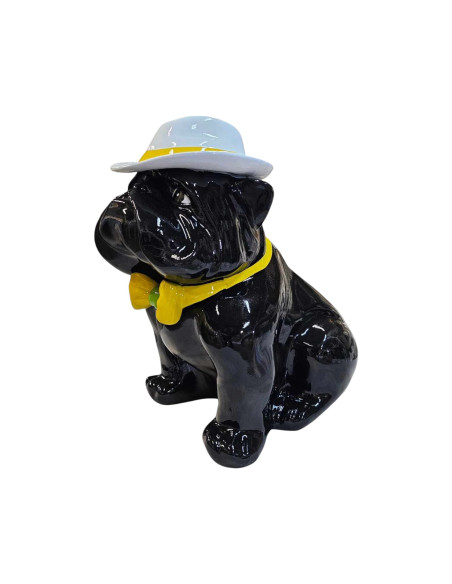 Figura Buldog Pop-Art Neo-Pop czarny z kapeluszem i muchą wysoki połysk żywica