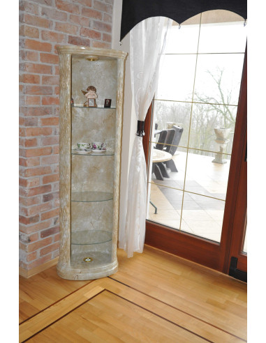 Regał narożny w stylu klasycznym złocony z oświetleniem i szklanymi półkami szklane półki