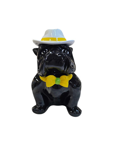 Figura Buldog Pop-Art Neo-Pop czarny z kapeluszem i muchą wysoki połysk żywica