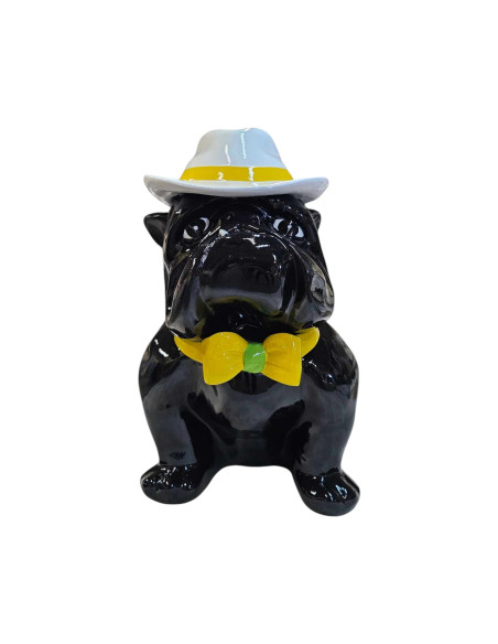 Figura Buldog Pop-Art Neo-Pop czarny z kapeluszem i muchą wysoki połysk żywica
