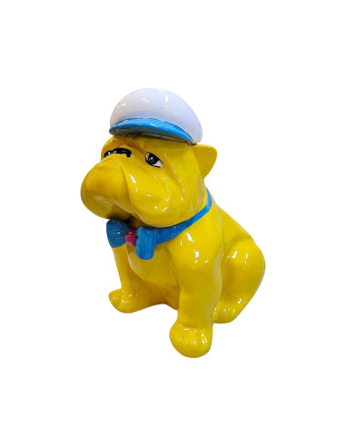 Figura Buldog Pop-Art Neo-Pop żółty z czapką i muchą wysoki połysk żywica