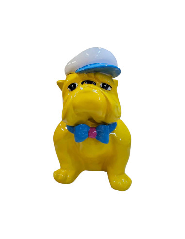 Figura Buldog Pop-Art Neo-Pop żółty z czapką i muchą wysoki połysk żywica