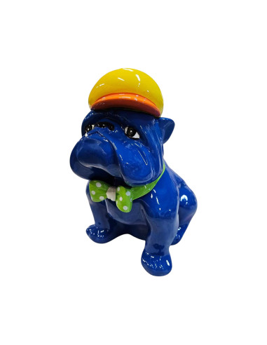 Figura Buldog Pop-Art Neo-Pop niebieski z czapką i muchą wysoki połysk żywica