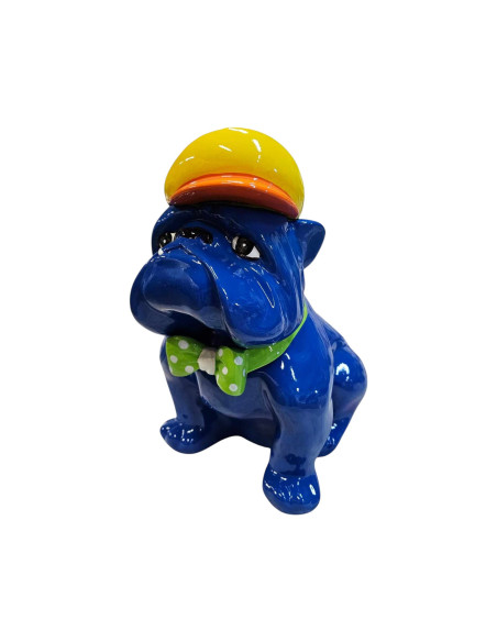 Figura Buldog Pop-Art Neo-Pop niebieski z czapką i muchą wysoki połysk żywica