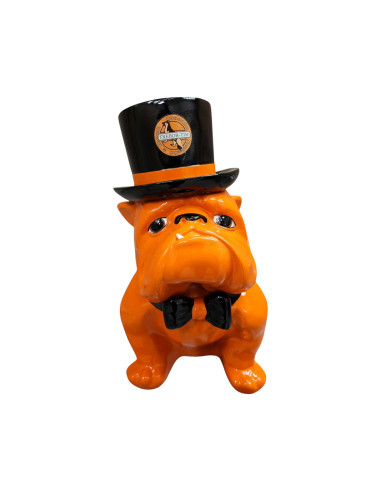 Figura Buldog Pop-Art Neo-Pop pomarańczowy z cylindrem i muchą wysoki połysk żywica