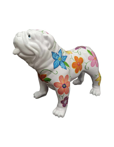 Figura Buldog Pop-Art Boho Flowers biały w kolorowe kwiaty wysoki połysk żywica