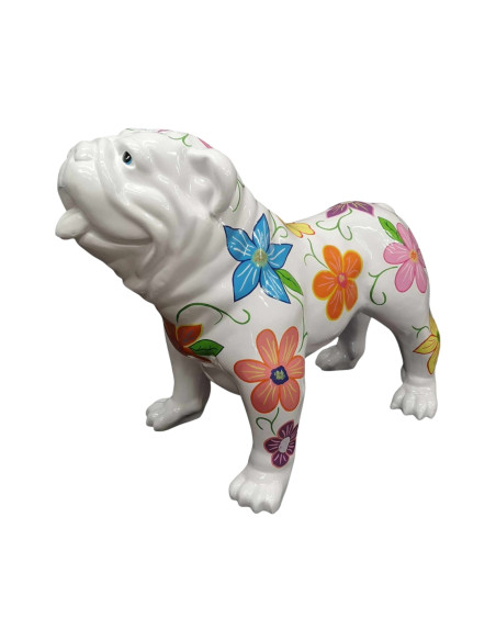 Figura Buldog Pop-Art Boho Flowers biały w kolorowe kwiaty wysoki połysk żywica