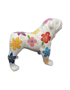 Figura Buldog Pop-Art Boho Flowers biały w kolorowe kwiaty wysoki połysk żywica 2
