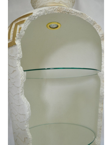 Biały barek regał w kształcie amfory - styl grecki, podświetlany, szklane półki, H: 1,27m