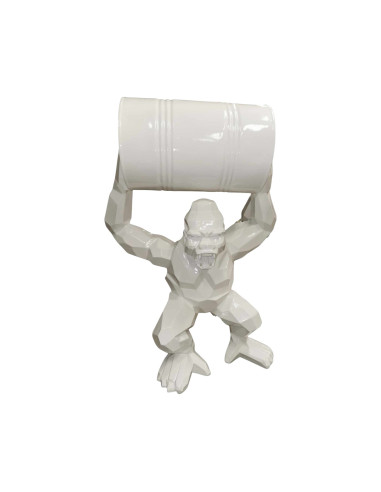 Figura Goryl Low-Poly z beczką biały wysoki połysk żywica