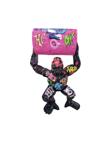 Figura Goryl Low-Poly z beczką Graffiti Pop-Art czarny różowy wysoki połysk żywica