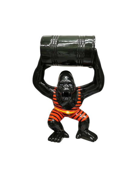 Figura Goryl z beczką Pop-Art czarny w czerwone pasy wysoki połysk żywica