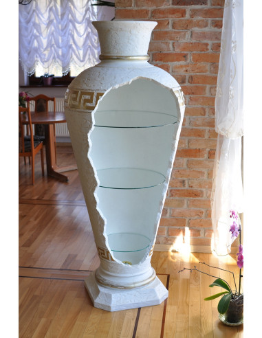 Biały barek regał w kształcie amfory - styl grecki, podświetlany, szklane półki, H: 1,27m